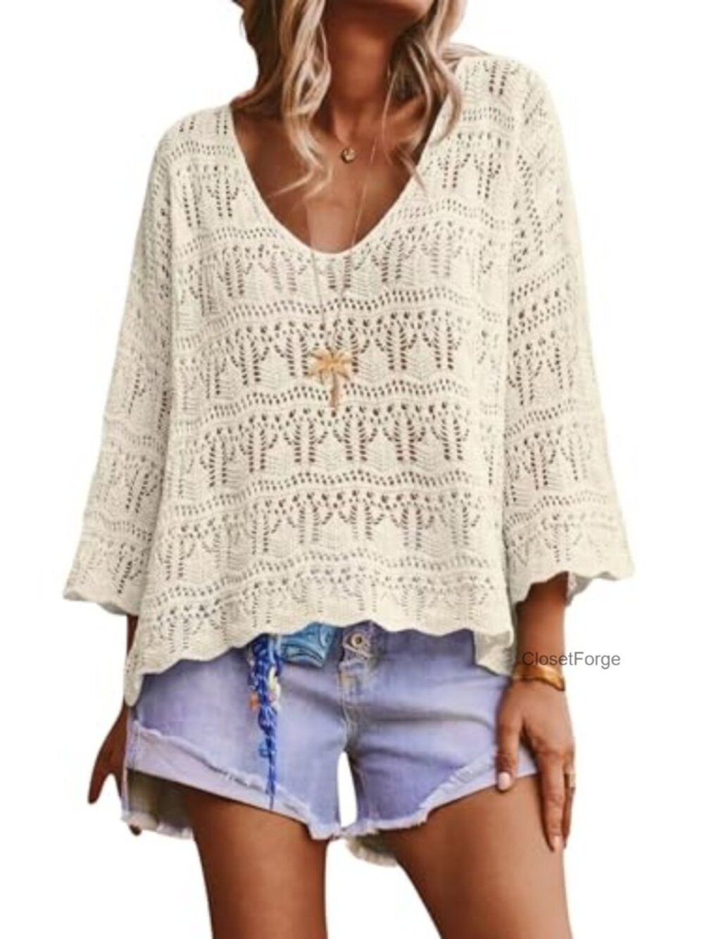 Women's Crochet Sweater 3/4 Sleeve Boho V-Neck Pullover